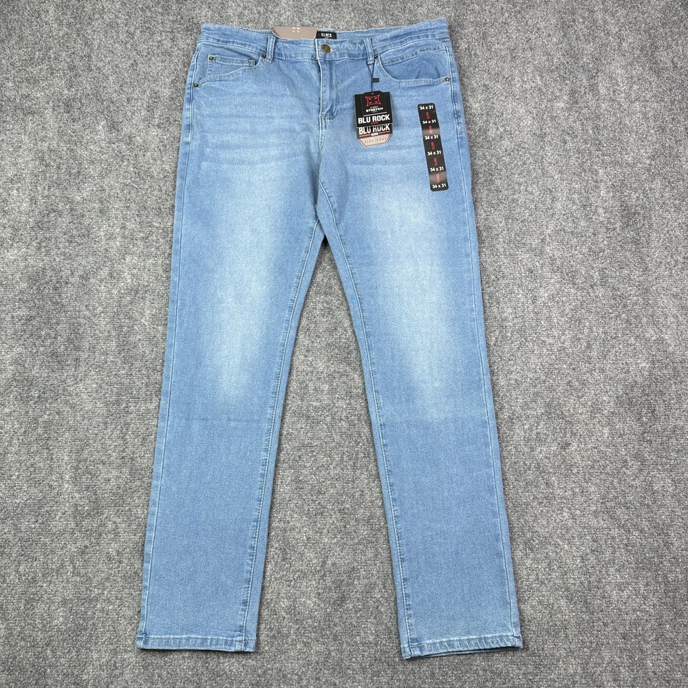 Blu Rock Jeans Mens 34x31 Slim Fit Light Blue 4 Way Stretch Flex Denim NWT